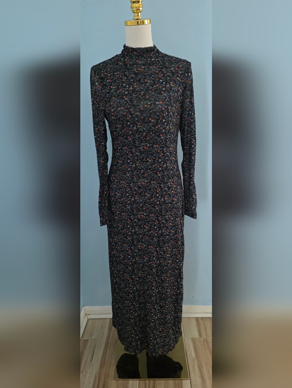Rosetta Getty Mesh Long Sleeve Floral Maxi Dress